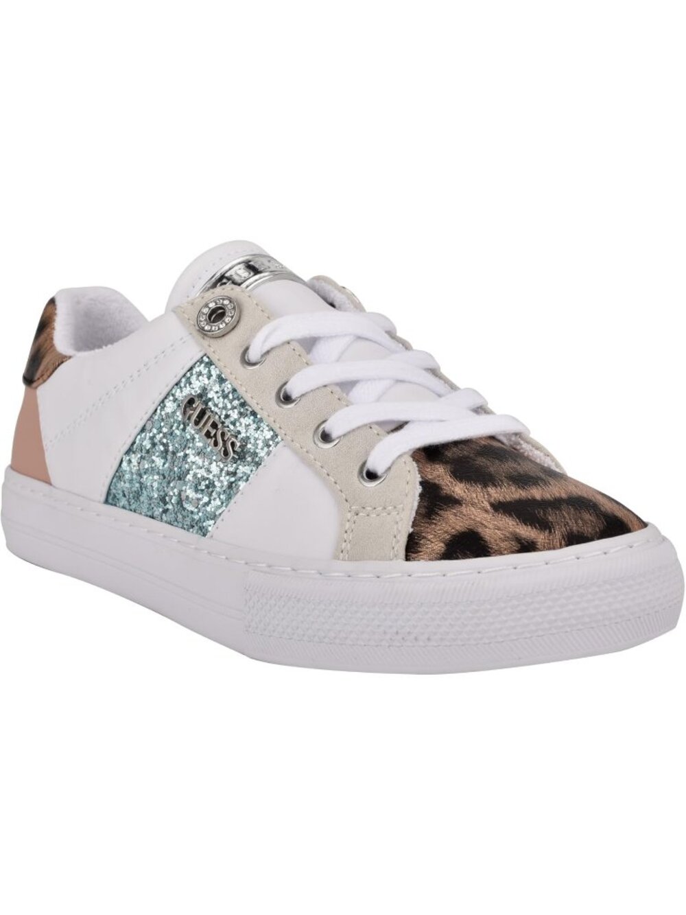 Women's Pink-Leopard Faux Leather Closed Toe Low Top Lace Up Fashion Sneaker